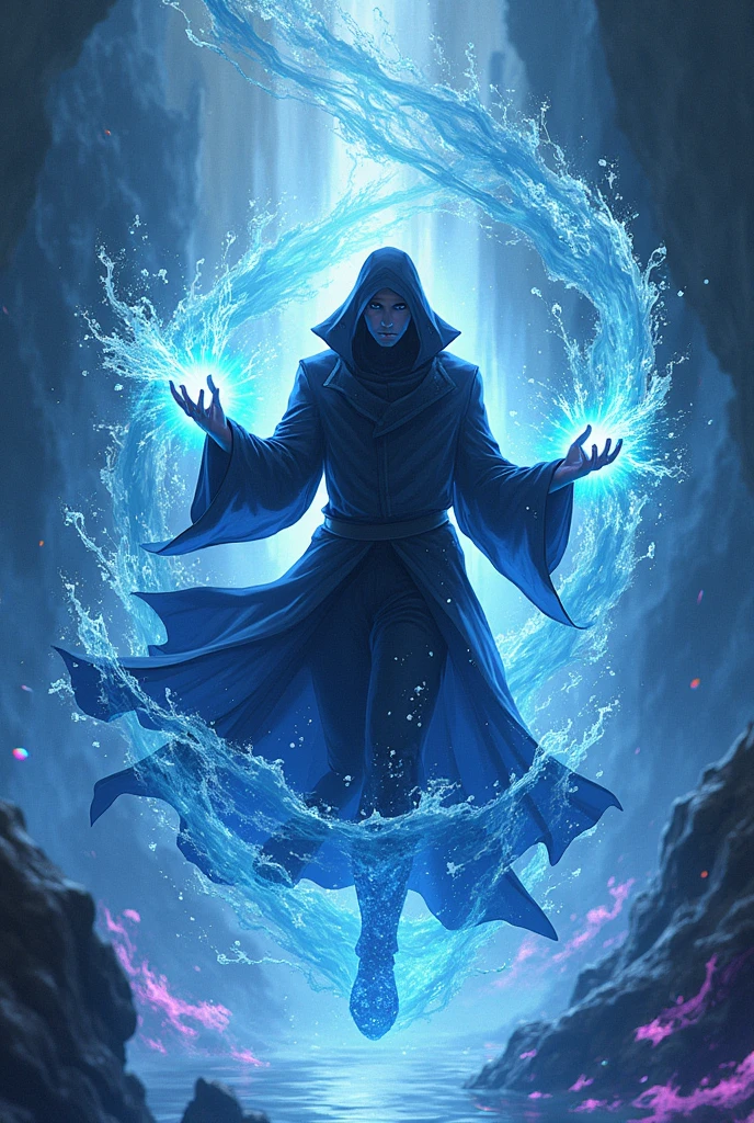 man controlling water with his powers at will, floating, powerful, blue and purple background, wearing dark cloak, Mysterious look, anime