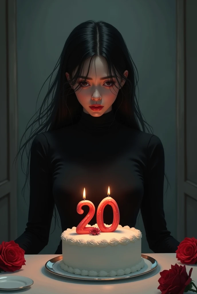 The beautiful women cut she's birthday chocolate cake alone ( use knife ) on the cake 20 latter number candle and she face full of sadness. and she's waring black frock with full sleeve and covered nack dress and long hair and his table with some rose