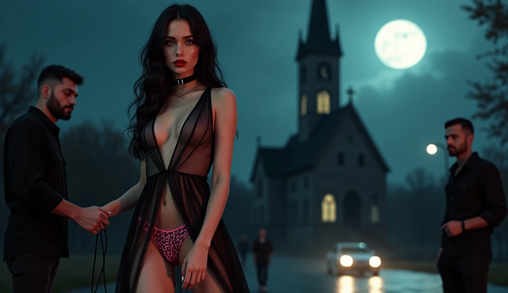 Beautiful blonde girl with Nordic features, upturned nose, blue eyes, full lips with red lipstick, makeup, big breasts boobs, nun dress white sexy lifting up her dress he shows that lets you see through pink leopard thong night club, man fucks she doggy balcony, church with a balcony showing the full moon at night
