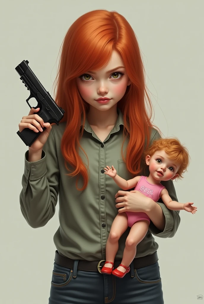 a female , with long red hair. In the left hand, she holds a toy doll, and in his right hand a pistol.