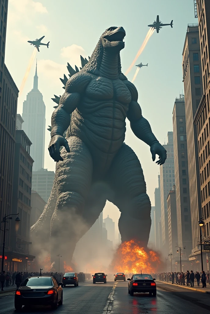 Robot is fighting with godzila  in new york cuty 