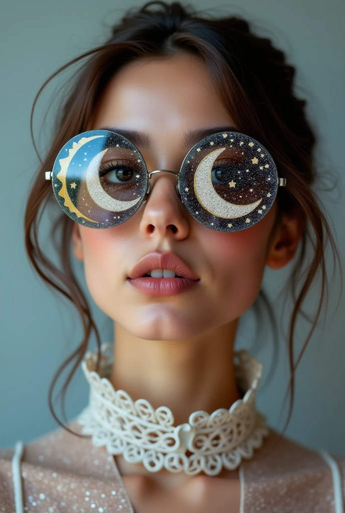 The model is wearing glass sunglasses with stars and the moon on the glass