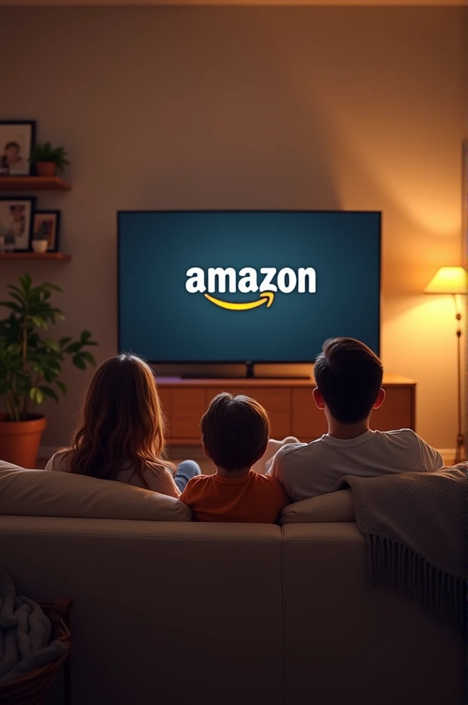 Help me create an image where there is a family watching a TV and it has the Amazon logo