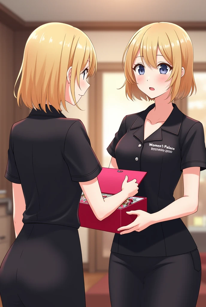 A stylist in a black uniform has the name of the beauty salon written on her uniform, which is Women&#39;s Palace by Maryuri. , The girl has short blonde hair and is 4.. The stylist is giving a birthday present to a client for her loyalty 🎁, The birthday gift box opens and there are IA barbies discount coupons 