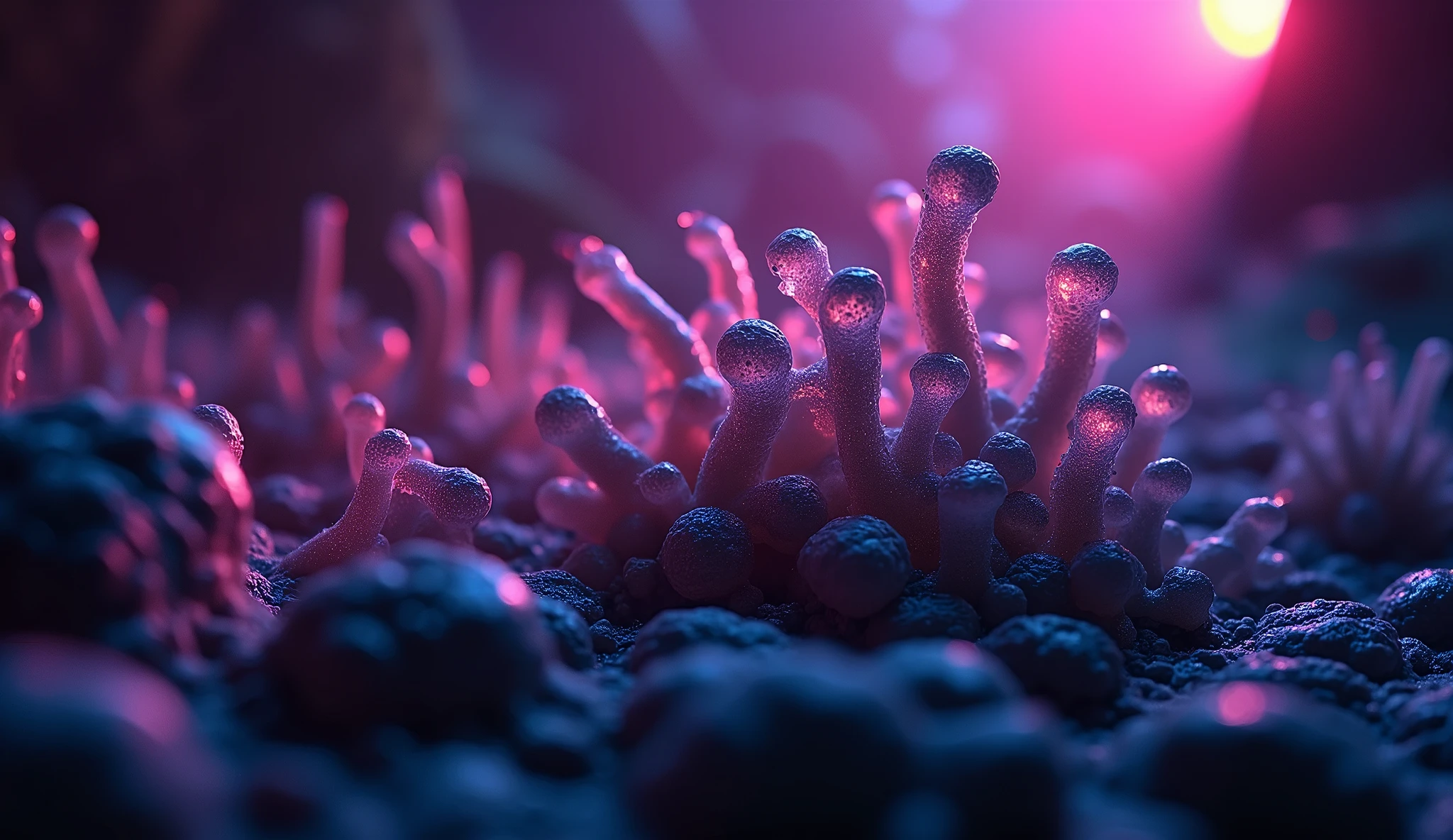 Complicated bacteria mutated life, backlit by led in dark scene, dramatic, bokeh f2.8