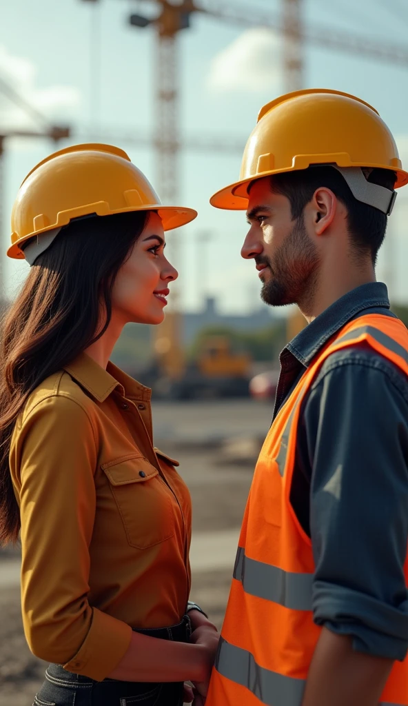 a beautiful brunette woman,She is an engineer and is at the construction site while a worker is looking at her,he is about her age they are 30 years old and he is looking at her with a seductive face while she is getting interested 