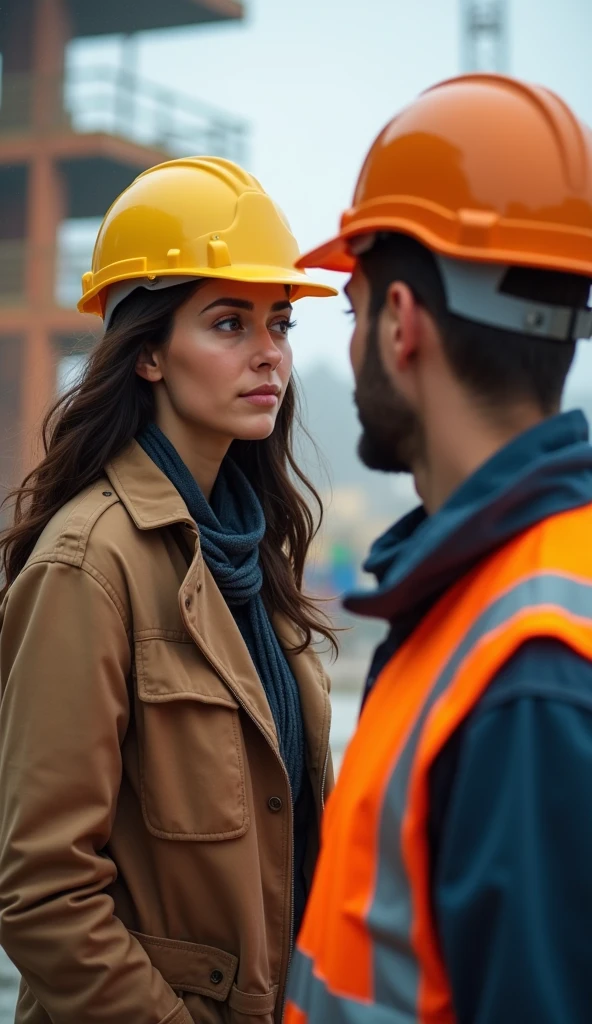 a beautiful brunette woman,She is an engineer and is at the construction site while a worker is looking at her,he is about her age they are 30 years old and he is looking at her with a seductive face while she is getting interested