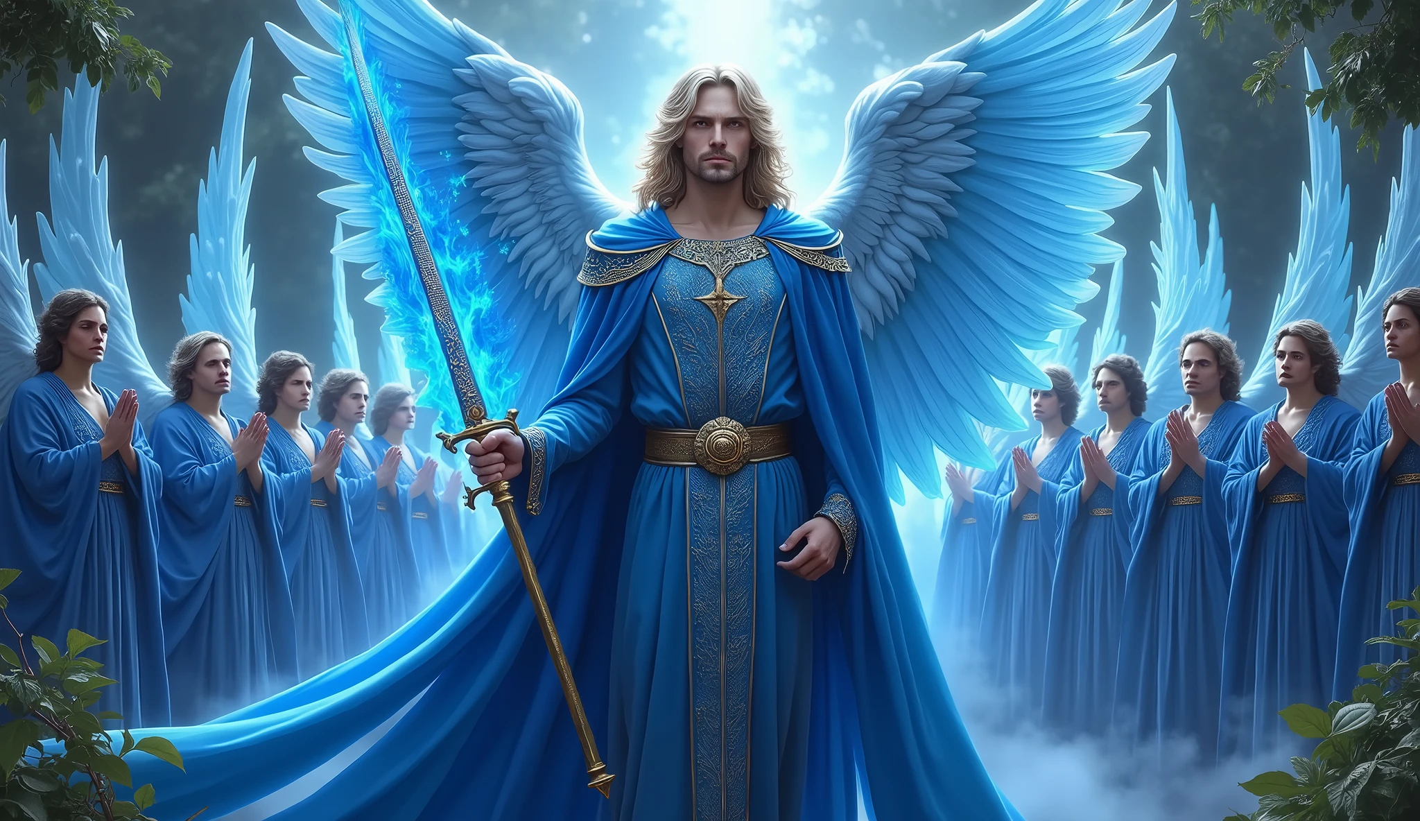 ultra realistic image of archangel michael chic velvet tunic and blue cape, with his blue flame sword, tall blue kyanite crystals, convey depth, in the background 13 male angels with blue capes and tunics in the garden 