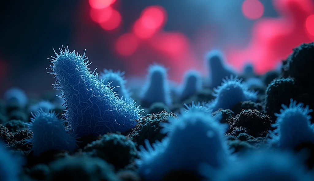 Complicated bacteria mutated life, backlit by led in dark scene, dramatic, bokeh f2.8