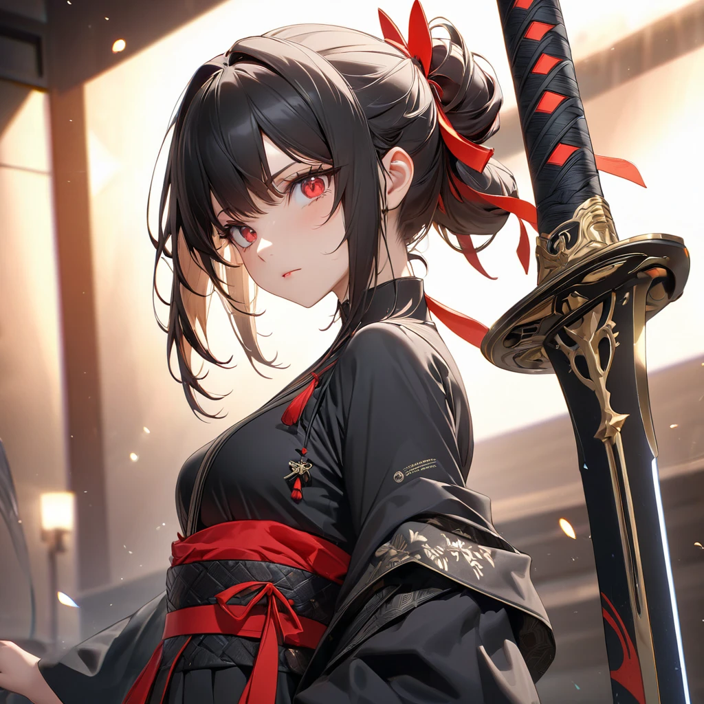 最high quality, wonderful_delicate, wonderful delicate eyes, Super detailed, beautiful, 8k , One girl, Red eyes, evil, Facial Contour,(Absurd, High resolution, Super detailed), masterpiece, The perfect solution, wonderfulディテール, Super Detailed, Cinema Lighting, Ray Tracing, Depth of written boundary, Cinema Lighting, Ray Tracing, 超High resolution, Attention to detail, 最high quality, High resolution, high quality, Awards, Super Detail, masterpiece, 8k, 超High resolution, Attention to detail, 最high quality, High resolution, high quality, Awards, Super Detail, masterpiece, 8k, Digital Art, Anime Coloring,"wearing a modern ninja costume with meticulous detail., Attention to detail近代的な忍者衣装を着て、Create an illustration of a futuristic female ninja with black hair,. She has long black hair tied with a red ribbon and symbols.。She must be wearing a luxurious black outfit with red accents that feature characters.。. She has a sword with intricate designs on the hilt and scabbard.. The story is set in the Edo period.