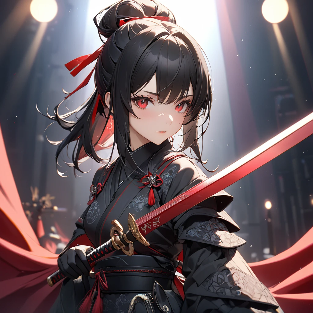 最high quality, wonderful_delicate, wonderful delicate eyes, Super detailed, beautiful, 8k , One girl, Red eyes, evil, Facial Contour,(Absurd, High resolution, Super detailed), masterpiece, The perfect solution, wonderfulディテール, Super Detailed, Cinema Lighting, Ray Tracing, Depth of written boundary, Cinema Lighting, Ray Tracing, 超High resolution, Attention to detail, 最high quality, High resolution, high quality, Awards, Super Detail, masterpiece, 8k, 超High resolution, Attention to detail, 最high quality, High resolution, high quality, Awards, Super Detail, masterpiece, 8k, Digital Art, Anime Coloring,"wearing a modern ninja costume with meticulous detail., Attention to detail近代的な忍者衣装を着て、Create an illustration of a futuristic female ninja with black hair,. She has long black hair tied with a red ribbon and symbols.。She must be wearing a luxurious black outfit with red accents that feature characters.。. She has a sword with intricate designs on the hilt and scabbard.. The story is set in the Edo period.