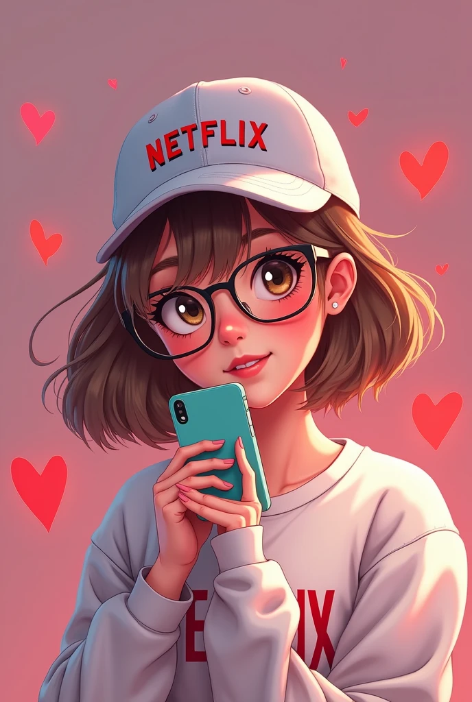 improve the pron of an image, make a girl with short hair that has glasses and light brown eyes, she is wearing a cap that says "NETFLIX" a white sweater and has "NETFLIX" written on it, she has very beautiful and tender features, the image shows half of the body and the background is white, make the animated image with vibrant colors, 4K, and she is holding a phone in one hand.