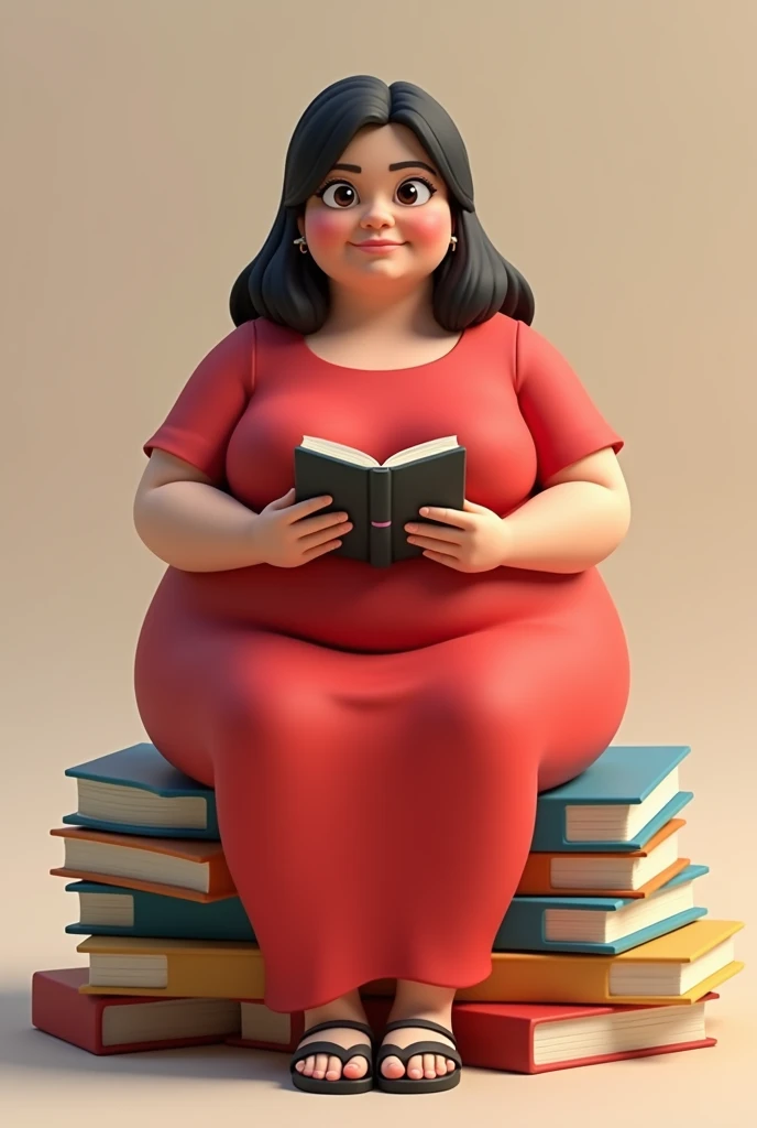 Comando: Create a 3D illustration of an animated Brazilian character sitting casually on top of "textbooks". The evangelical character, must wear a long red dress with sleeves, "with nothing in the ears and no ornaments around the neck," shoulder length hair black and straight, brunette skin, slanted eyes, "very fat and round", with sandals on his feet and holding a Bible, looking straight ahead. The background of the image is a profile page with the username "Amelia" and a matching profile photo.