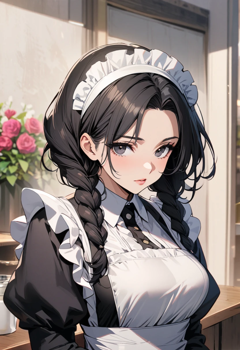 girl, mature, black hair, black eyes, beautiful, beautiful eyes, beautiful color, high detail, low double plait hair, maid, cool