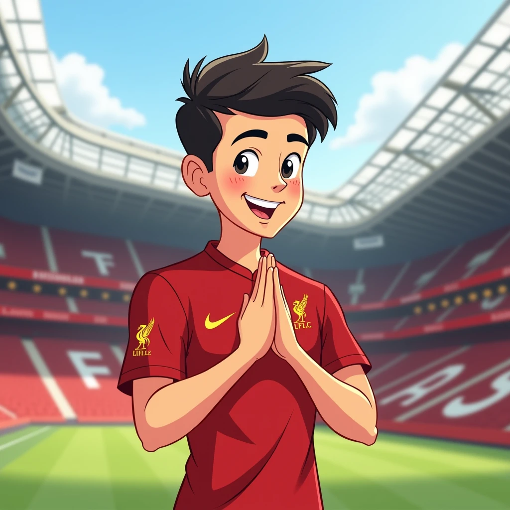 Handsome young man smiles in Disney style, bows in Thai style and wears a Liverpool shirt. Standing in cartoon style. High quality dynamic photo, detailed and colorful. Realistic and colorful poses. Background is Andfield Stadium.