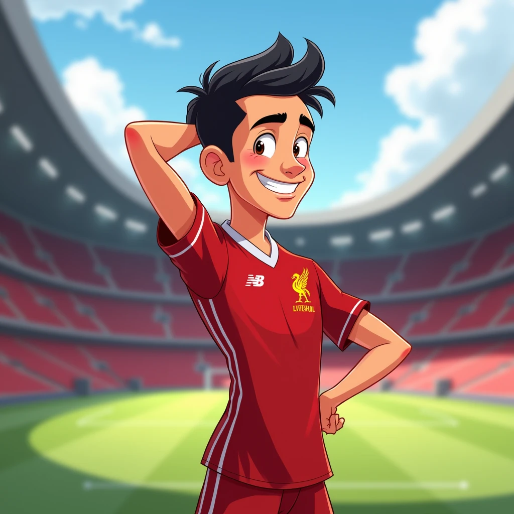 Handsome young man smiles in Disney style, bows in Thai style and wears a Liverpool shirt. Standing in cartoon style. High quality dynamic photo, detailed and colorful. Realistic and colorful poses. Background is Andfield Stadium.