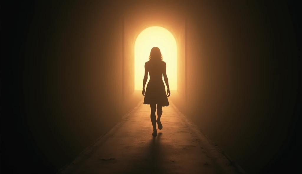 (masterpiece, best quality:1.2), (8K HD, ultra-realistic, hyper-detailed:1.3), a determined woman walking alone towards a distant, bright light. She is seen from behind, her posture strong and confident, symbolizing her resolve to take control of her future. The path she walks on is straight and clear, with soft, warm light illuminating the way ahead. The background is dark, gradually fading into light as she approaches the source of the glow. The scene captures a sense of purpose and hope, with the woman moving steadily towards a brighter future. Her silhouette is sharply defined against the light, creating a powerful contrast.
