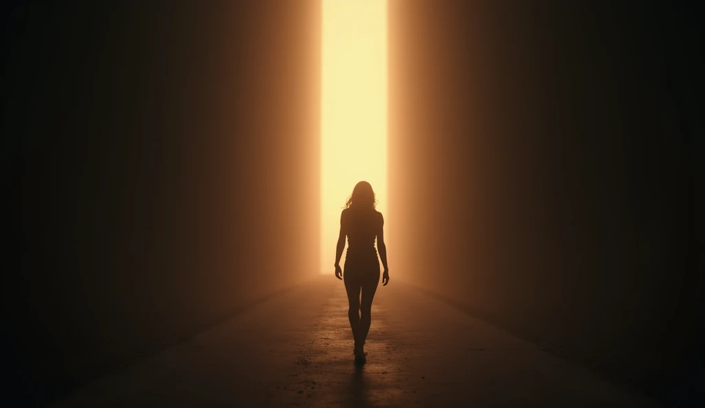 (masterpiece, best quality:1.2), (8K HD, ultra-realistic, hyper-detailed:1.3), a determined woman walking alone towards a distant, bright light. She is seen from behind, her posture strong and confident, symbolizing her resolve to take control of her future. The path she walks on is straight and clear, with soft, warm light illuminating the way ahead. The background is dark, gradually fading into light as she approaches the source of the glow. The scene captures a sense of purpose and hope, with the woman moving steadily towards a brighter future. Her silhouette is sharply defined against the light, creating a powerful contrast.
