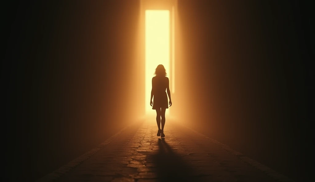 (masterpiece, best quality:1.2), (8K HD, ultra-realistic, hyper-detailed:1.3), a determined woman walking alone towards a distant, bright light. She is seen from behind, her posture strong and confident, symbolizing her resolve to take control of her future. The path she walks on is straight and clear, with soft, warm light illuminating the way ahead. The background is dark, gradually fading into light as she approaches the source of the glow. The scene captures a sense of purpose and hope, with the woman moving steadily towards a brighter future. Her silhouette is sharply defined against the light, creating a powerful contrast.