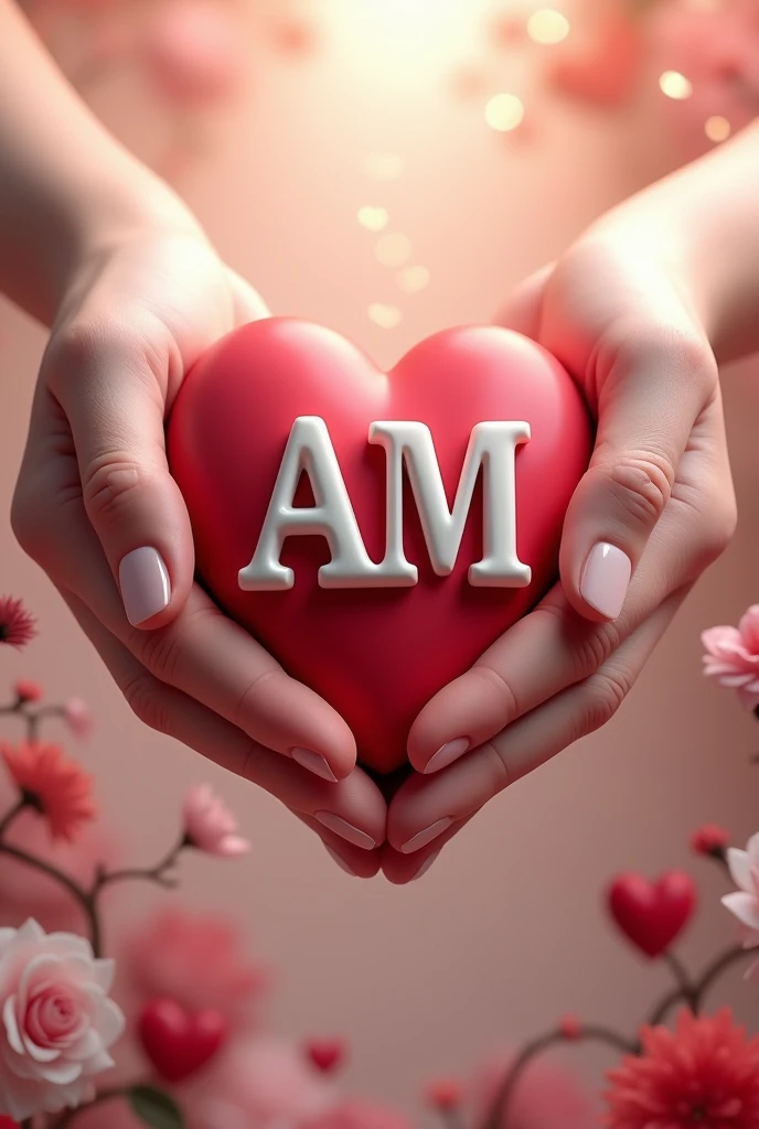 Create an 3d image with a heart in front and letter ‘A, M’ written in it in capital bold with spark and fill the background with love theme and mention a boy hand shaking with a girl’s hand