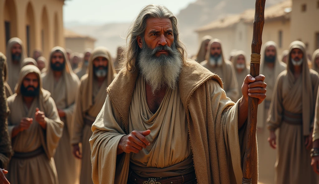  A man from the ancient Islamic era with a long beard and slightly long hair, wearing old clothes and a blanket, and holding a stick, meeting and talking to his people and advising them.   