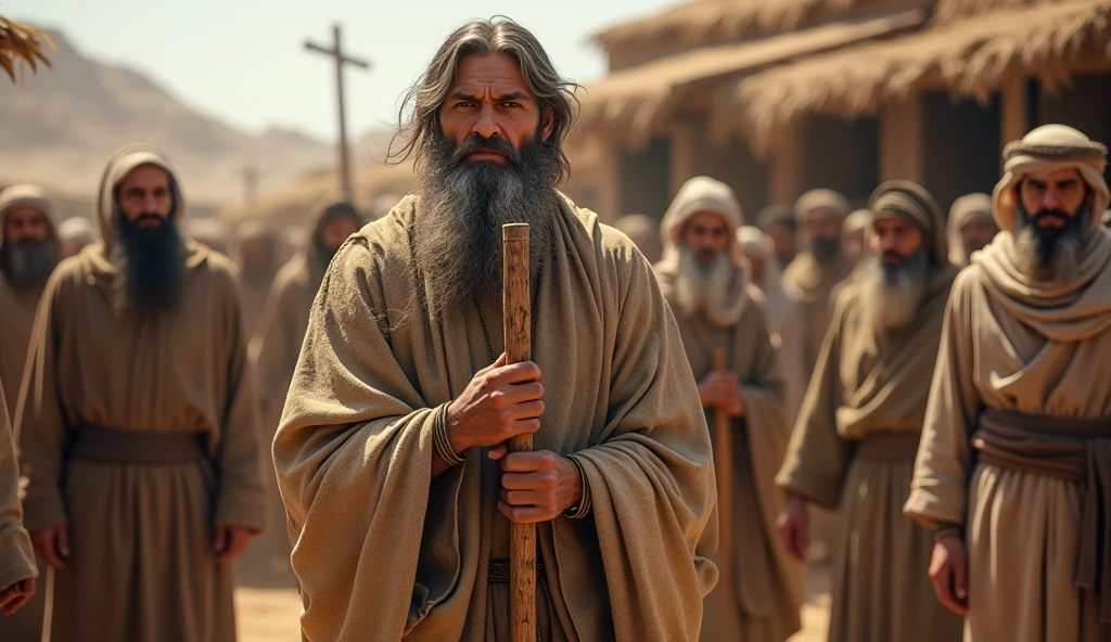A man from the ancient Islamic era with a long beard and slightly long hair, wearing old clothes and a blanket, and holding a stick, meeting and talking to his people and advising them.