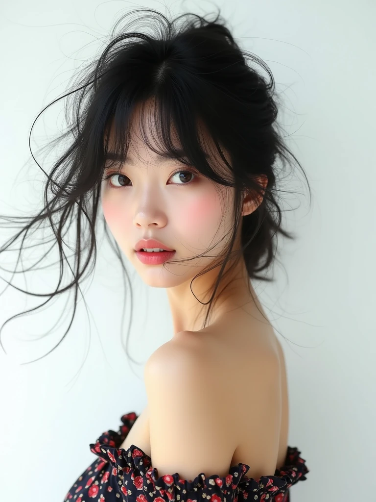 real photograph, (masterpiece), (highest quality), (Super detailed), (messy hair), (shape), (one japanese girl), (fashionable off shoulder dress), Are standing, Fashion Model, (interview), (simple white background), fine and beautiful eyes, delicate beautiful face, floating, (high color saturation), focus on face, black hair, all back hair, floating Hairs, (shining), best writing, best shadow,stylish living room