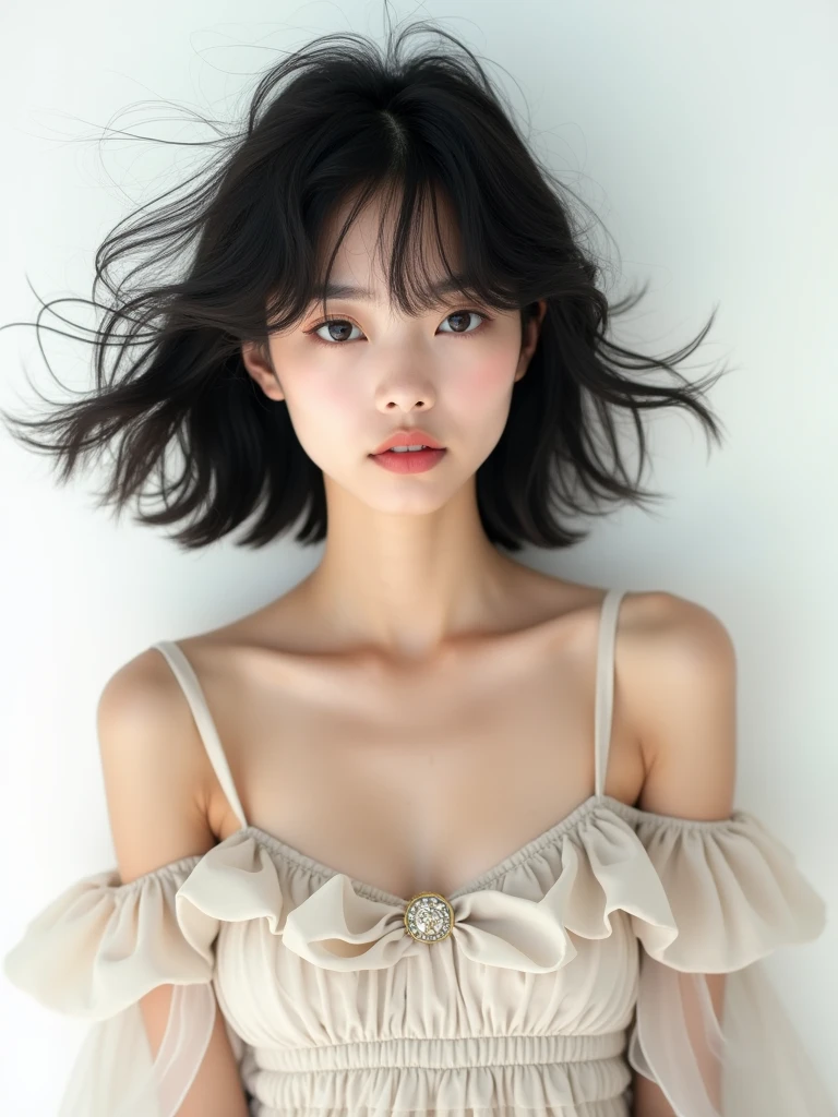 real photograph, (masterpiece), (highest quality), (Super detailed), (messy hair), (shape), (one japanese girl), (fashionable off shoulder dress), Are standing, Fashion Model, (interview), (simple white background), fine and beautiful eyes, delicate beautiful face, floating, (high color saturation),  focus on face, black hair, all back hair, floating Hairs, (shining), best writing, best shadow,stylish living room