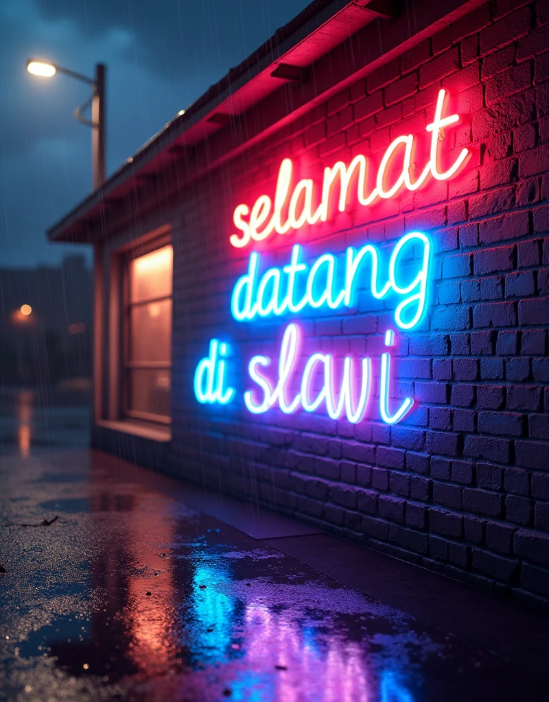 A 3D render of a neon sign with large letters that say "selamat datang di slawi" in the style of the Cártel Luminoso. The sign is placed on a brick wall. There's a puddle of water at the base of the wall. The background is a rainy environment with dark clouds and a streetlight.