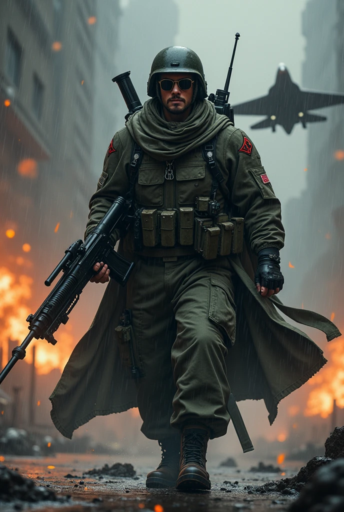 Monk in airforce uniform, helmet, sunglasses, big gun, tank and steering fighter jet, dark rainy, fire background