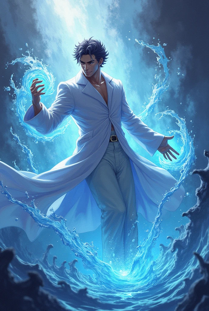 man controlling water with his powers at will, floating, powerful, blue and purple background, wearing white coat, Mysterious look, anime, contorted pose

