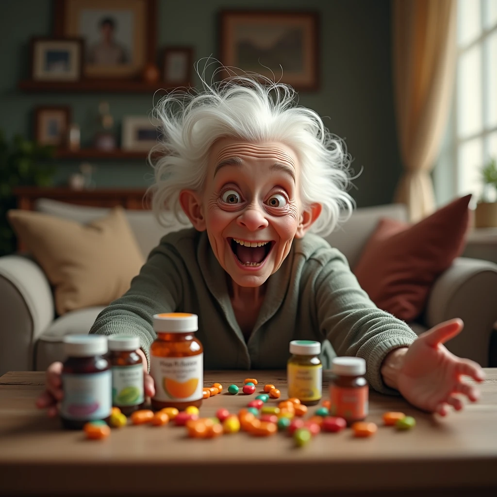 a very old lady, with an expression of astonishment and happiness with his mouth open, with white hair grabbing colorful vitamins from a table, in the background the living room of a house
