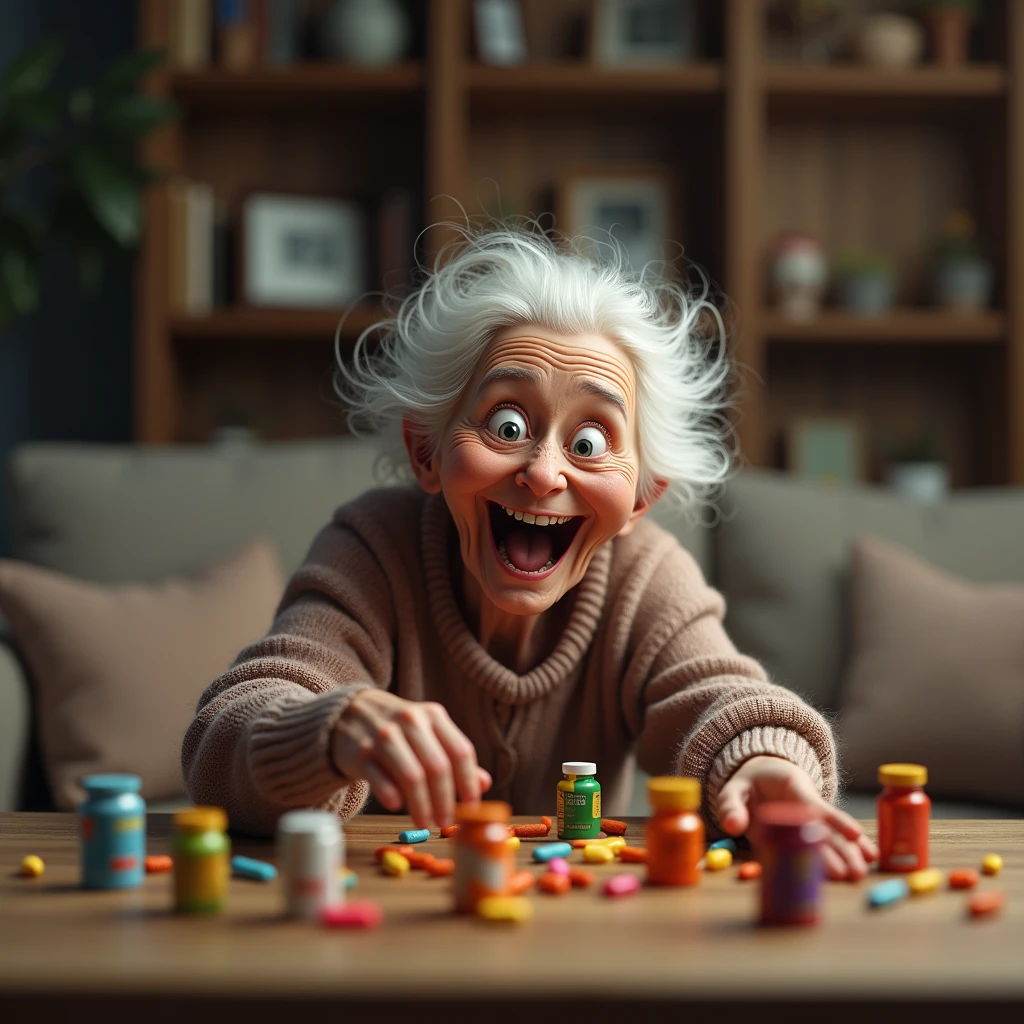 a very old lady, with an expression of astonishment and happiness with his mouth open, with white hair grabbing colorful vitamins from a table, in the background the living room of a house