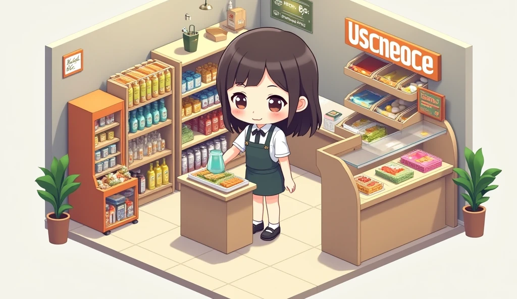 (masterpiece:1.2, Highest quality,Ultra-high resolution,Super detailed),8k,(wallpaper),(Best illustrations:2.0),(Cute chibi woman working in a convenience store : 2.0),(convenience store,Very simple design),(isometric illustration)