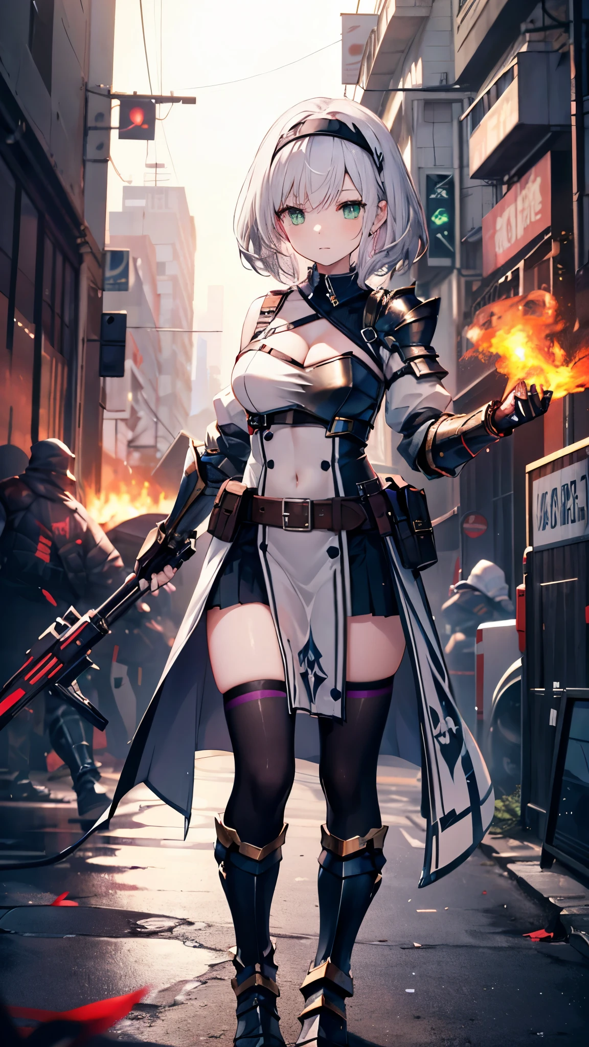 (Tabletop), (Perfect athletic body:1.2), Anime Style, whole body, Cyberpunk Girl,  Wearing a Cyber Costume, Black and Purple Flaming Fist, Burnt mechanical limbs, Standing in the Wilderness, Flame burning in the chest, White Background, whole body, aanoel, medium hair, green eyes, hairband, blue collar, shoulder armor, cleavage, mole on breast, armored dress, Chest belt, gold trim, fingerless gloves, black gloves, brown belt, pouch, pelvic curtain, black thighhighs