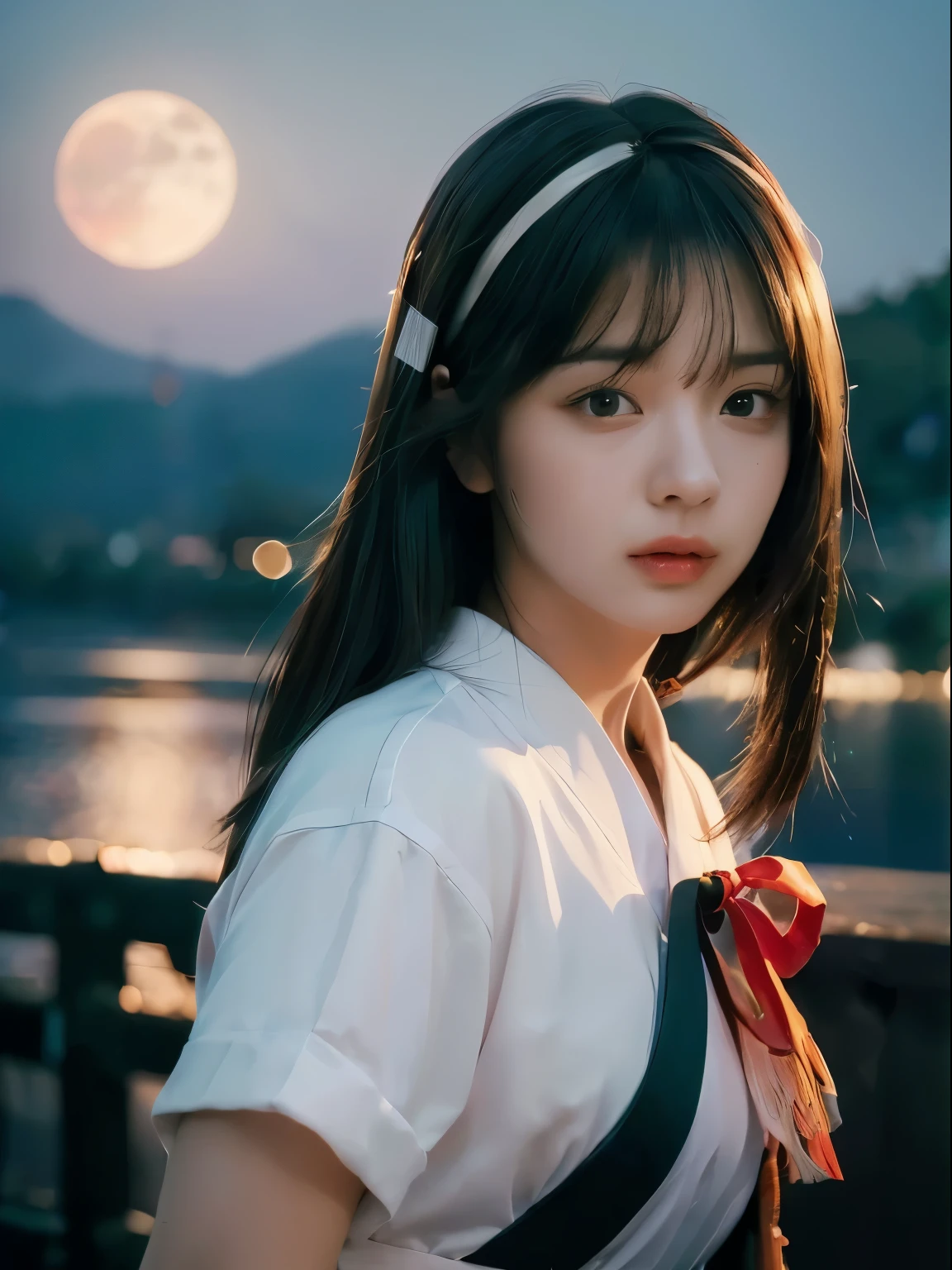 (((masterpiece: 1.5, best quality, high resolution: 1.3, super resolution, super detail, super detail: 1.3, rich background: 1.2))), 1 girl, alone, green eyes, 블루 리본이 moon린 긴 분홍색 머리, blunt bangs, cute hairpins, , White Seraphone, red sailor necklace, short sleeve, blue pleated skirt, (outdoor), ((downtown), (crowd), ((Japanese atmosphere: 1.3)), sight, ((night)), darkness, (low light: 1.1), moon, (moonlight: 1.2), ((dynamic lighting: 1.4)), ((head close-up))))))