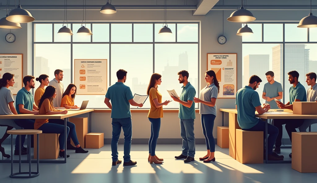 A professional and realistic image depicting the social benefits and guarantees provided to fulfillment center employees. The scene features a diverse group of workers in a well-maintained, modern break room or office area. On the wall, there are posters or informational boards highlighting various employee benefits, such as health insurance, paid leave, retirement plans, and professional development opportunities. Some employees are reviewing documents or consulting with HR staff, symbolizing access to these benefits. The atmosphere is positive and supportive, emphasizing the company’s commitment to the well-being and security of its employees.