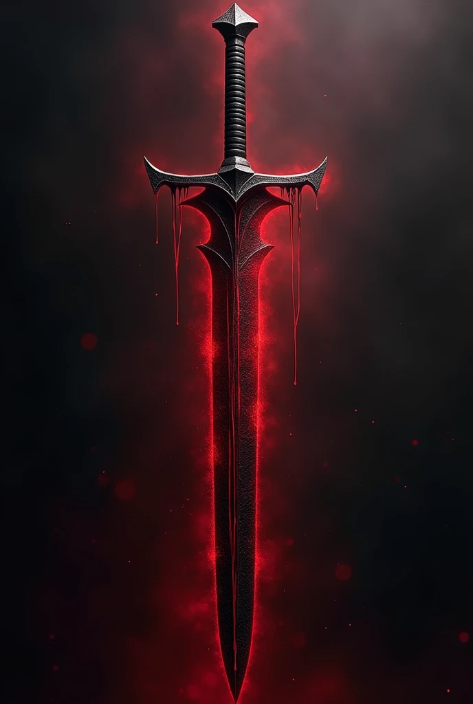 Create a sword with its handle from a black metal, around with white bands that do not cover the entire cable, without edges, a large blade half crimson red and half black, between the division of black and red color blood drips, throughout the blade an aura also crimson red and black