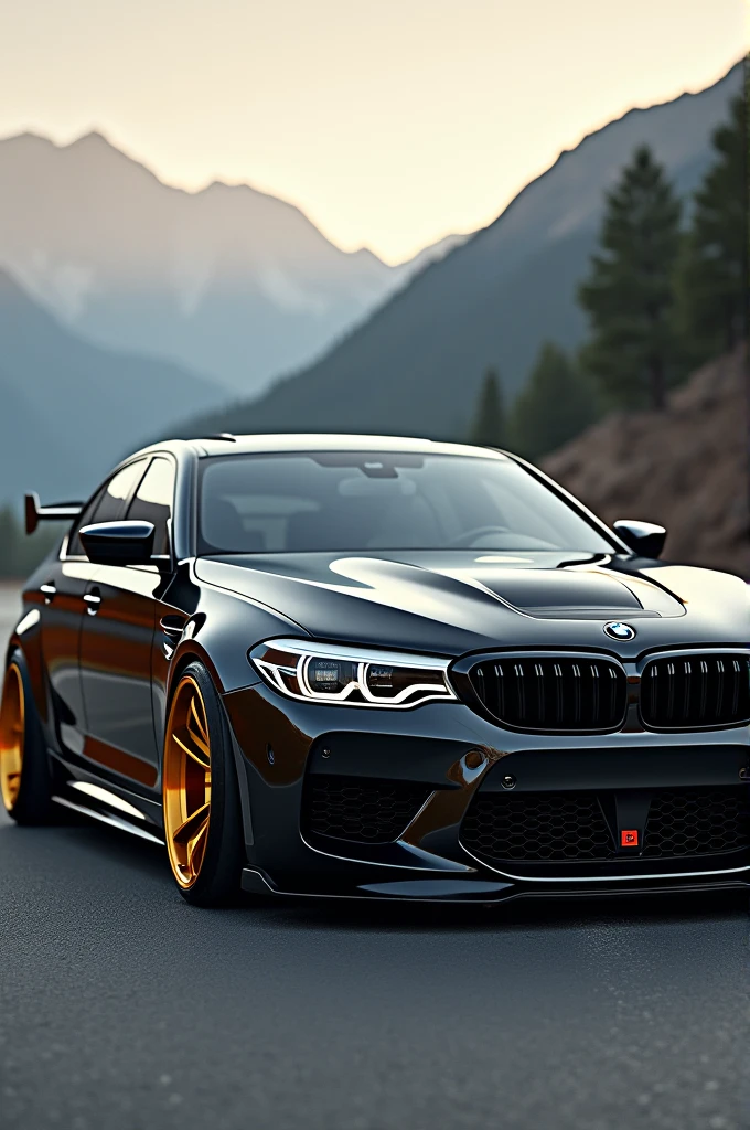 BMW M5 with fully made black and gloden spoiler and gloden rims 