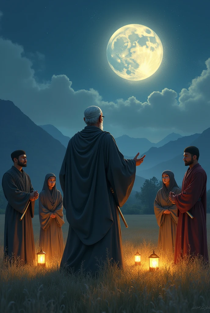 picture of a ninja. An old Muslim grandfather is teaching his 10 students in a field and is illuminated by lanterns brought by his students and the grandfather is demonstrating ninja movements for his students to teach and also the Muslim ninja grandfather. teach about the Koran