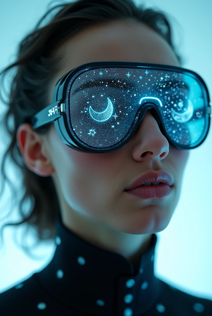 The model is wearing glass sunglasses with stars and the moon on back