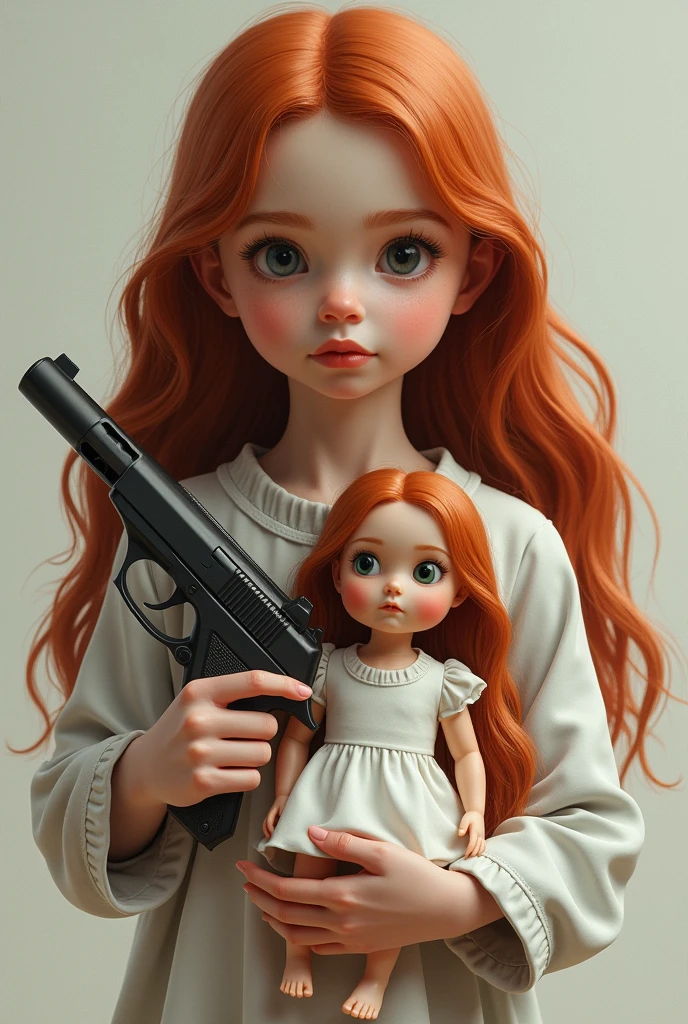 an innocent female , with long red hair. In the left hand, she holds a toy doll, and in his right hand a pistol.