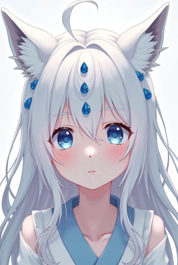 Japanese anime style,Blue Eyes,White long hair,M-shaped bangs,Girl,There are two head ornaments on the top of the head that resemble upward arrows.,There is only a blue round bead in the middle of each headdress.