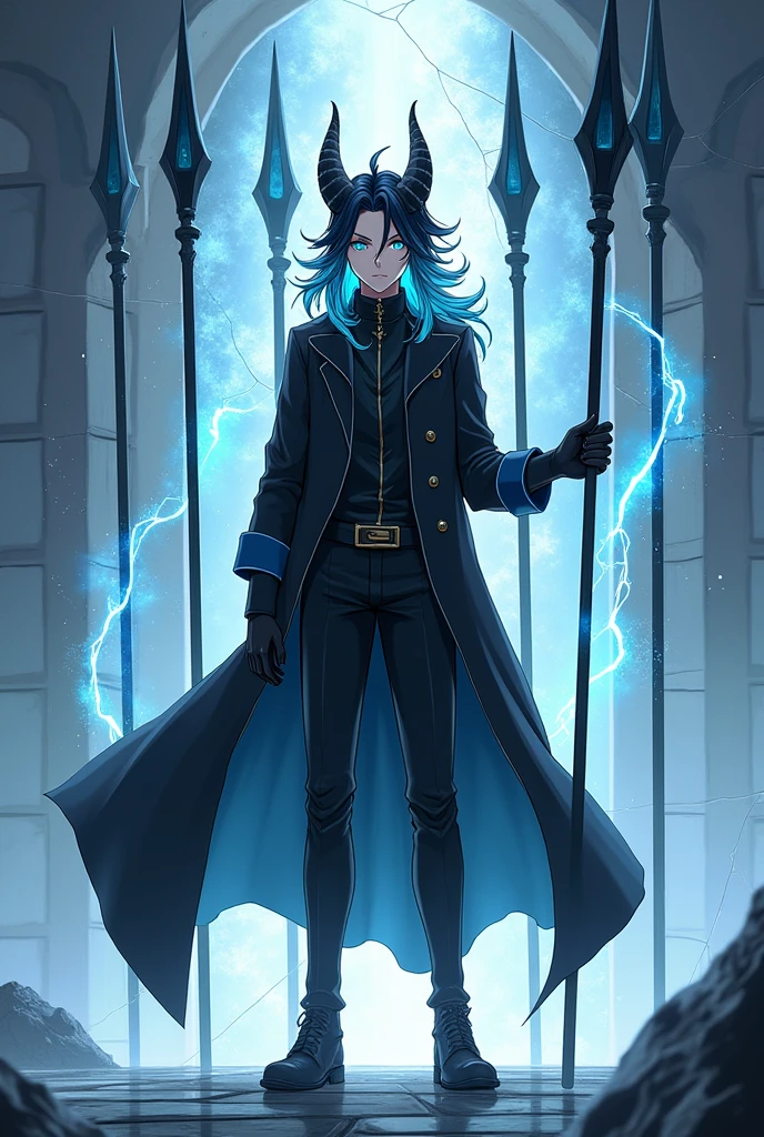 A young man, with long Dark Blue and white hair, a pair of Aquamarine Eyes, his body is slim but moderately fit, he has a pair os dragon Horns on his head while his ears are slightly pointy, with a silver and blue magic aura surrounding his entire body, wearing a long black coat and leather Boots, while his hands are covered with black gloves, behind him are five Ebony Spears floating in the air while the space around him is cracked like a mirror, anime art style, full body image. 