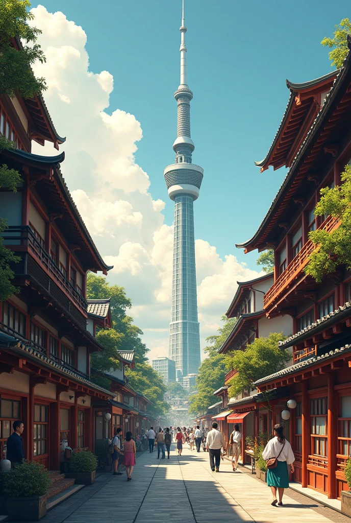 Create an image depicting the Tokyo skyline during the Edo period with the Tokyo Skytree prominently included. The Skytree should be designed to blend seamlessly with the historical architectural style of the time, perhaps with traditional Japanese elements integrated into its design. Surround the Skytree with classic Edo-period buildings and landscapes, such as pagodas, wooden houses, and bustling market streets. The image should capture a harmonious blend of modern skyscraper design with the historical charm of Edo-era Japan, creating a fascinating contrast and visual storytelling."