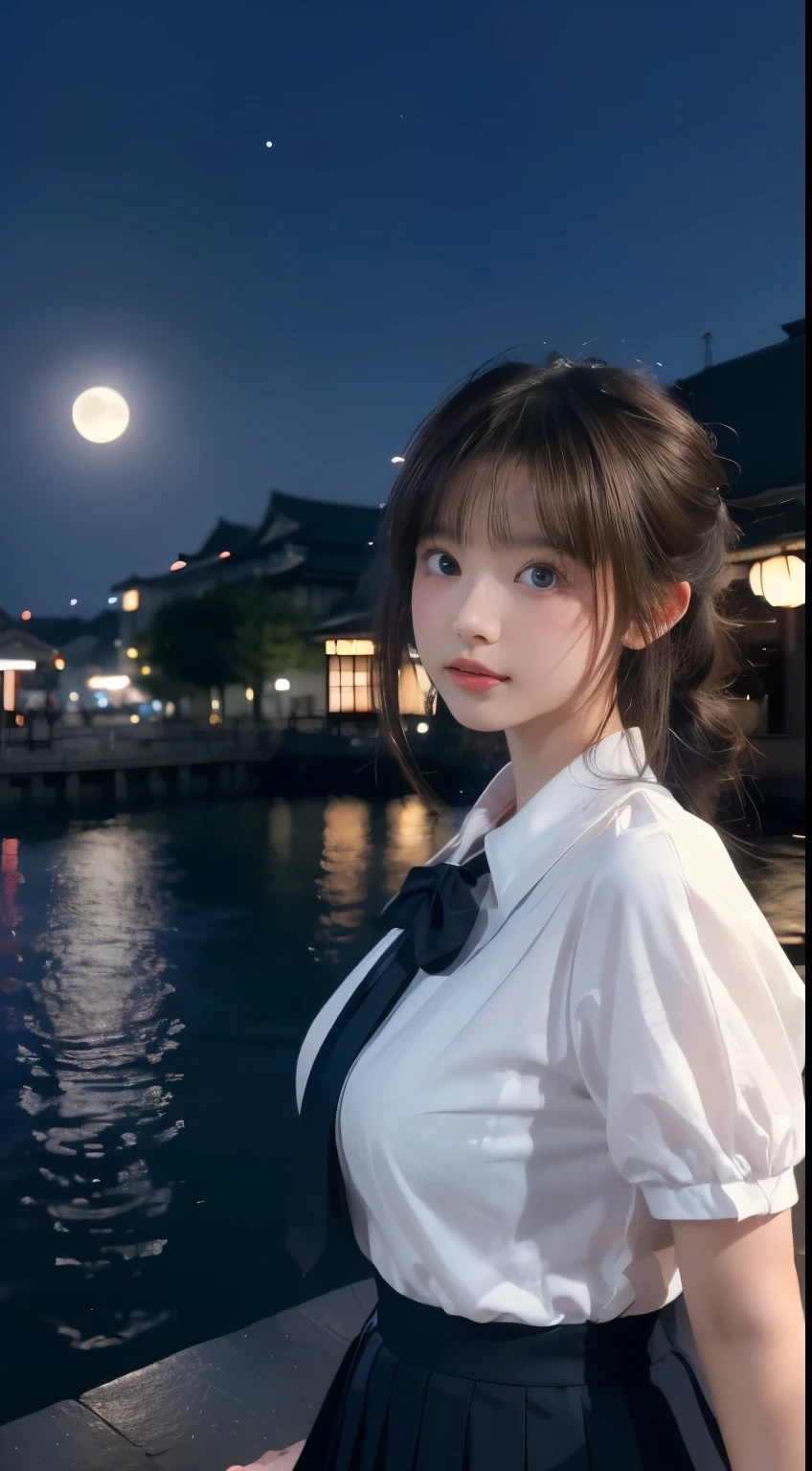 (((masterpiece: 1.5, best quality, high resolution: 1.3, super resolution, super detail, super detail: 1.3, rich background: 1.2))), 1 girl, alone, green eyes, 블루 리본이 moon린 긴 분홍색 머리, blunt bangs, cute hairpins, , White Seraphone, red sailor necklace, short sleeve, blue pleated skirt, (Enplain Air), ((downtown), (crowd), ((Japanese atmosphere: 1.3)), sight, ((night)), darkness, (low light: 1.1), moon, (moonlight: 1.2), ((dynamic lighting: 1.4)), ((head close-up))))))