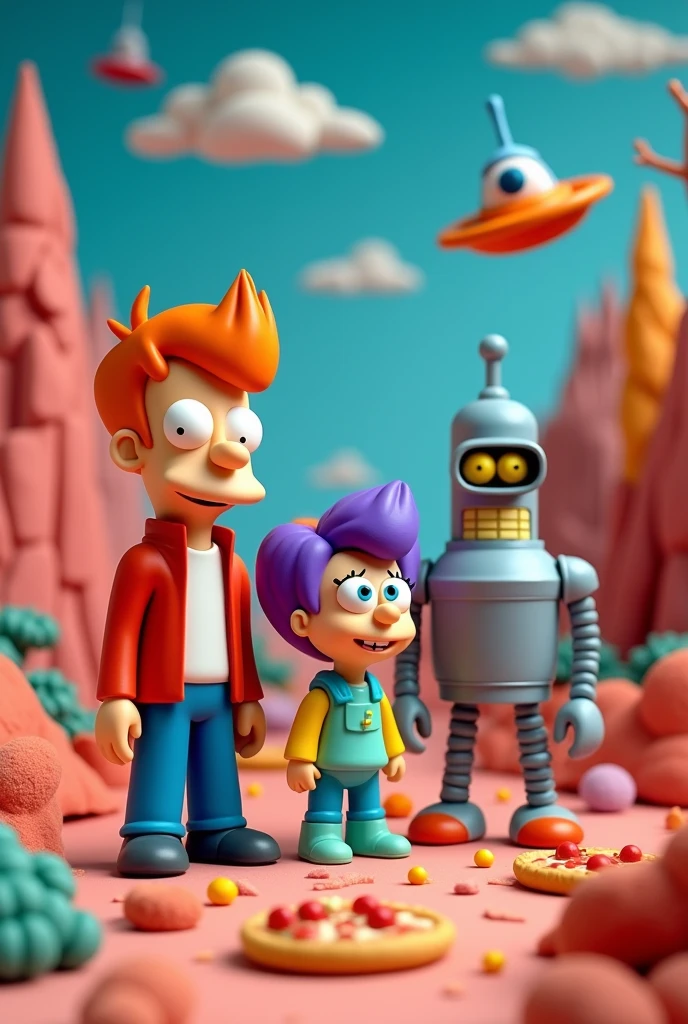 poster. (poster titré en vert : Futurama). Fry, Leela (purple hair with one eye on forehead) and Bender in plasticine. high quality. Many details and stunning objects. Colorful and detailed background. flying saucer. pizzas. Play dough. granular.