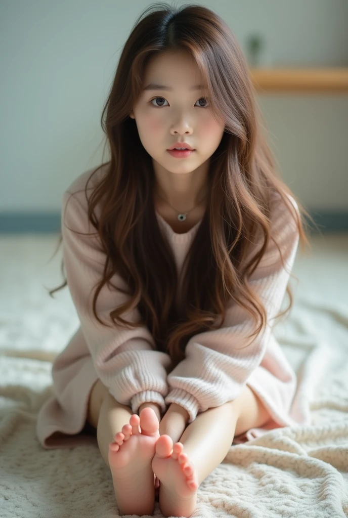 A beautiful girl with long brown hair, Korean girl showing her feet,On the ground