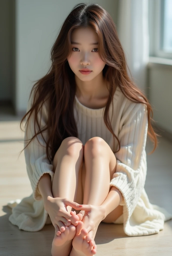 A beautiful girl with long brown hair, Korean girl showing her feet,On the ground