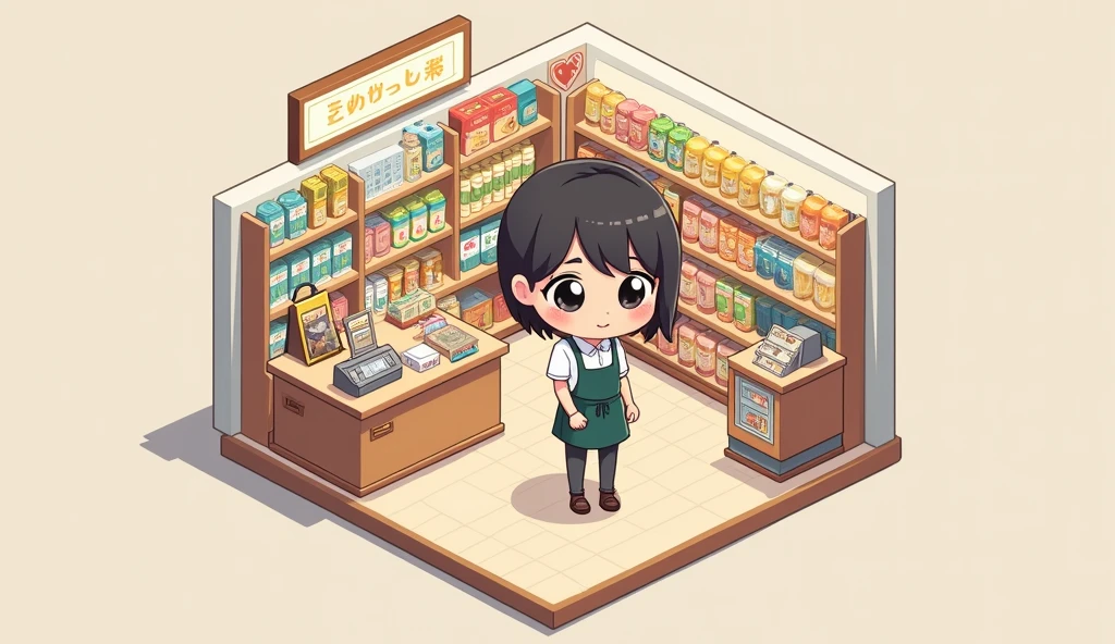 (masterpiece:1.2, Highest quality,Ultra-high resolution,Super detailed),8k,(wallpaper),(Best illustrations:2.0),(Cute chibi woman working in a convenience store : 2.0),(convenience store,Very simple design),(isometric illustration)